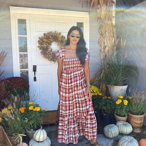 Anthropologie brand
Tia checkered plaid smocked tiered Maxi Dress Xsmall